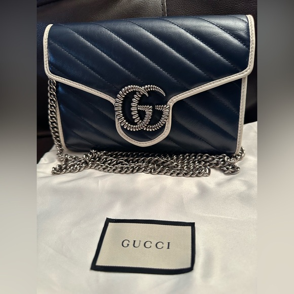Authentic GUCCI GG SHW GG Marmont Shoulder Bag 573807 Calfskin Leather Navy Blue - Picture 2 of 5